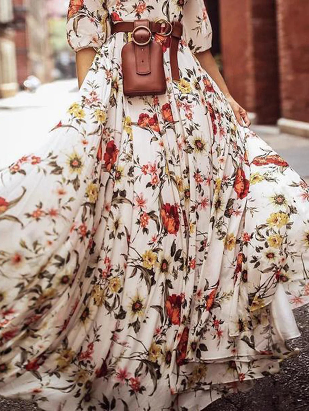 Elegant Floral Pattern Crew Neck Maxi Dress Lantern Sleeve