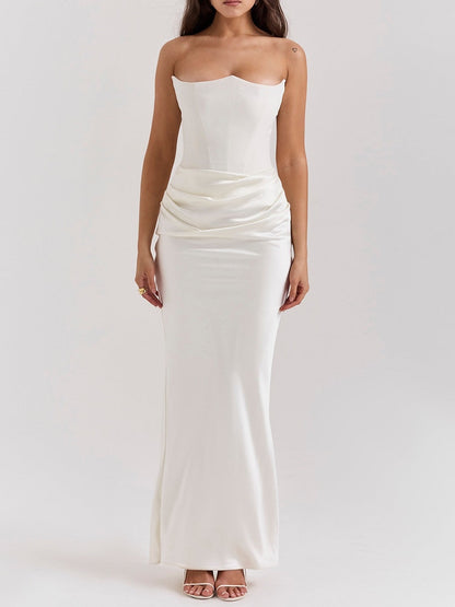 Satin Belted Strapless Off-the-shoulder Fishbone Pleated Long Bodycon Dress
