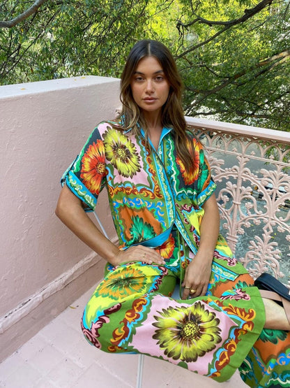 Printed Vacation Long-sleeved Shirt Pants Wide Leg Set 2-piece Sets