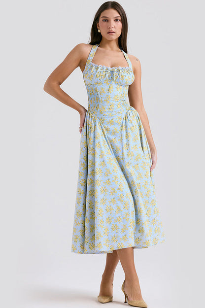 Halter Sweetheart Neck Lace Trim Ditsy Floral Corset Bodice Midi Dress