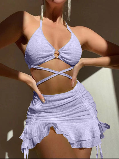 Textured Fabric Strappy Bikini Three-piece Set