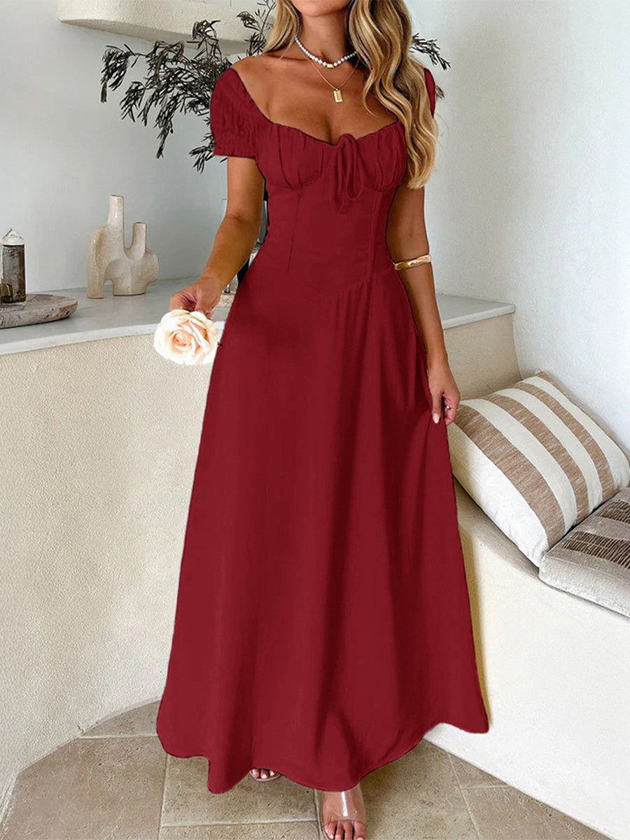 Tie-waist Ruched Puff Sleeve Long Dress