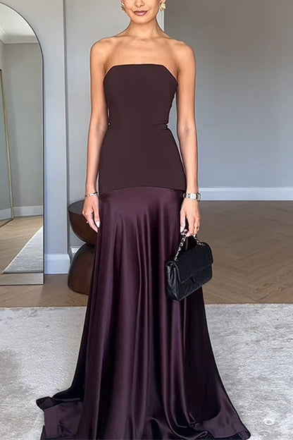 Margovil Strapless Satin Patchwork Flare Maxi Dress