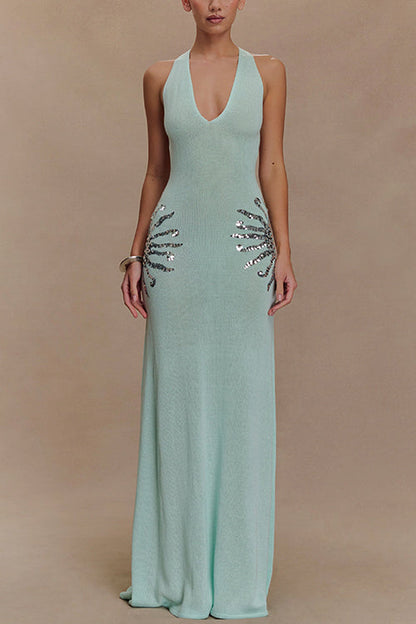 V Neck Sleeveless Open Back Knit Maxi Dress with Sequin
