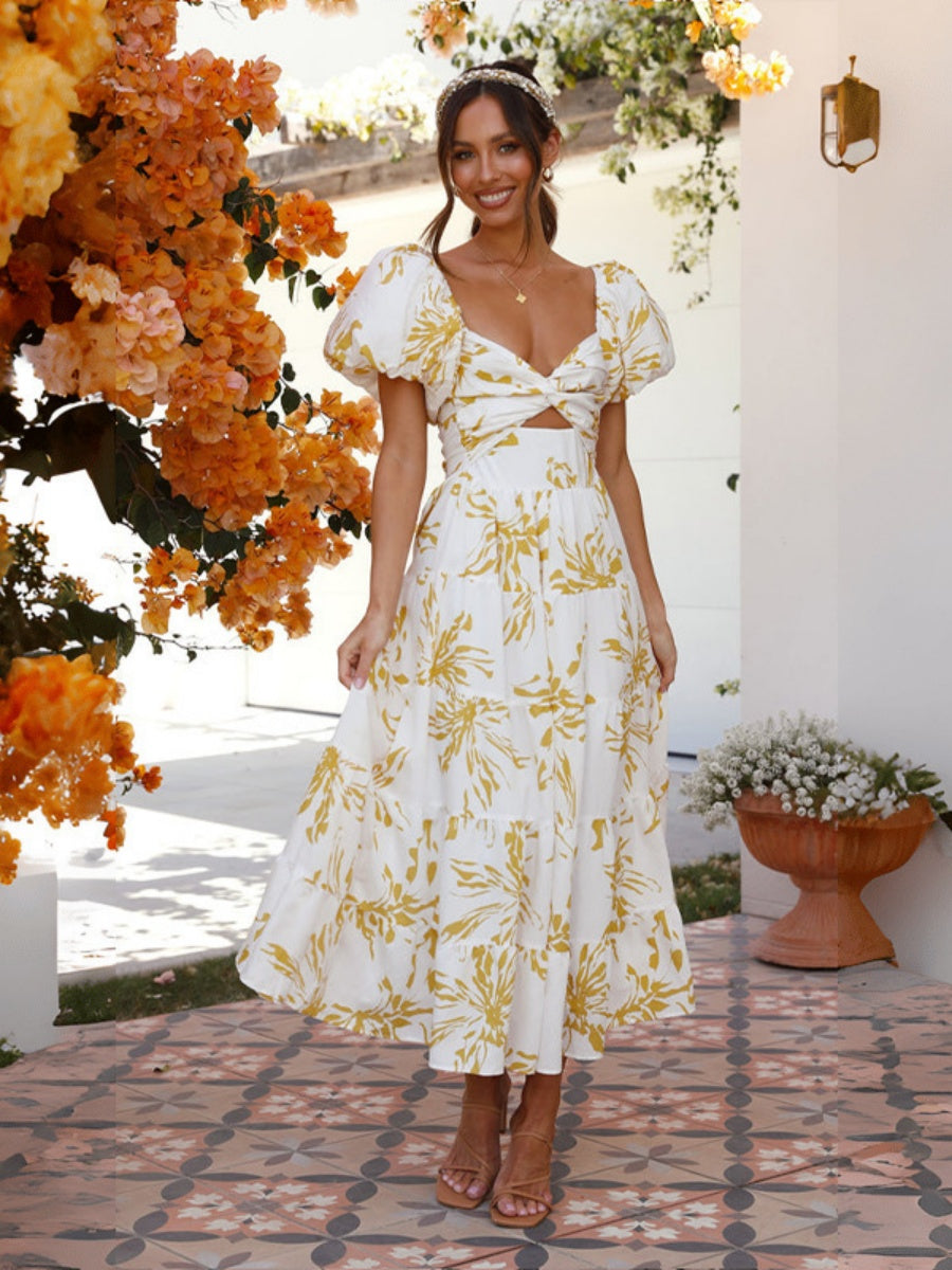 Printed Puff Sleeve Sweetheart Collar Vacation Maxi Dresses