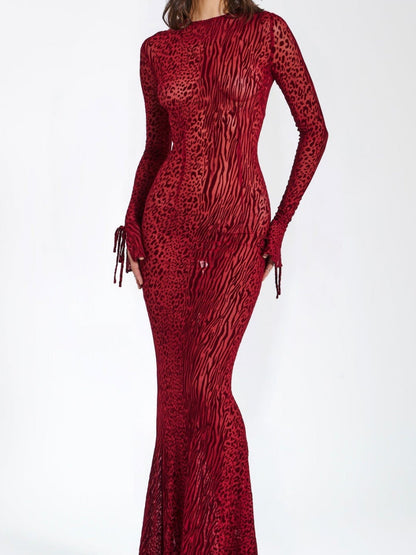 Backless Slightly Flared Sleeves Fishtail Skirt Mesh Printing Maxi Dresses