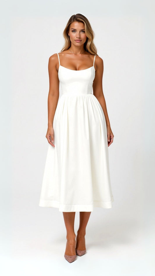 | Strappy Midi Dress, Fitted Bodice, Flowing Skirt
