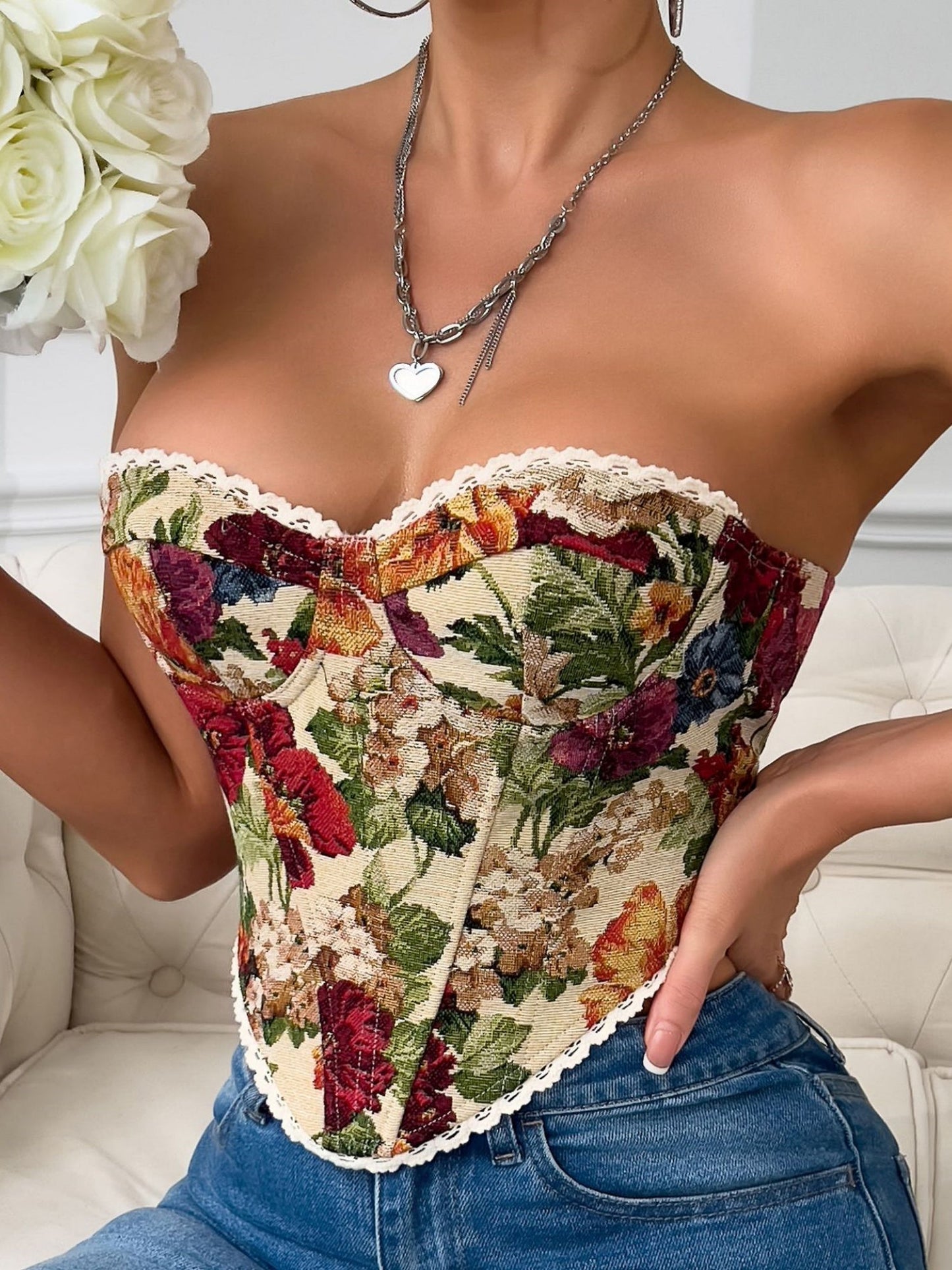 Floral Print Strapless Lace Tethered Fish Bones Strapless Bra