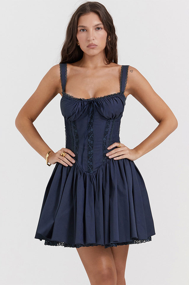 Square Neck Lace Trim Corset Bodice Pleated Fit and Flare Mini Dress