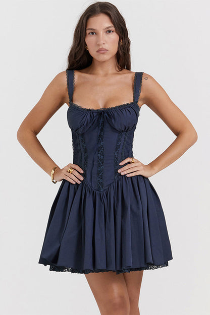 Square Neck Lace Trim Corset Bodice Pleated Fit and Flare Mini Dress