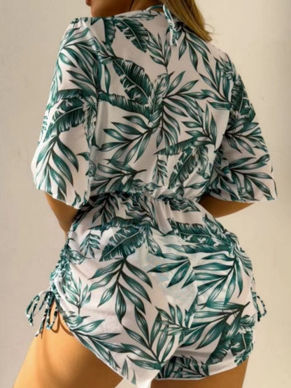 Leaf Print Waist-cinching Tie Long-sleeved Sun Protection Bikini Three-Piece Set