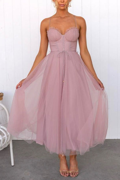 Margovil Backless Tie Waist Mesh Swing Maxi Cami Dress