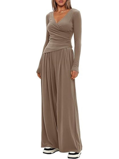 Long Sleeve V-neck T-shirt Loose-fit Wide-leg Pants Leisure 2-piece Sets