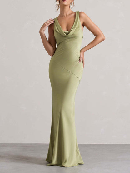 Satin Fitted Bodycon Fishtail Backless Sexy Zipper Maxi Dresses