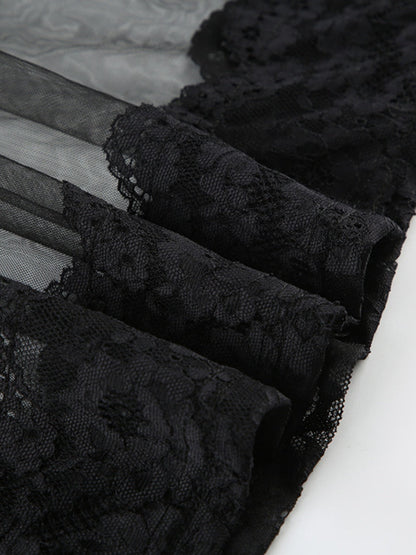 Sheer And Sexy Patchwork Mesh Lace Trim Suspender Long Dress