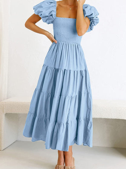 Square Neck, Backless, Puff Sleeve, Pleated Short-sleeved Long Dress