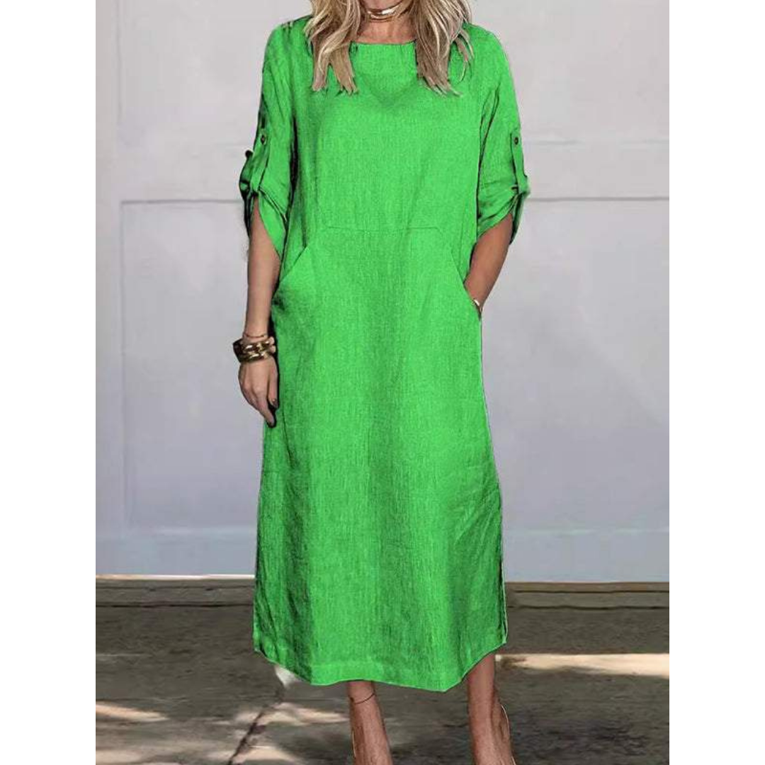Linen Blend Roll Tab Sleeve Patch Pocket Relaxed Midi Dress