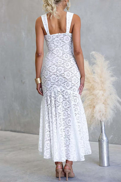 Sleeveless Lace High Low Hem Ruffle Maxi Dress