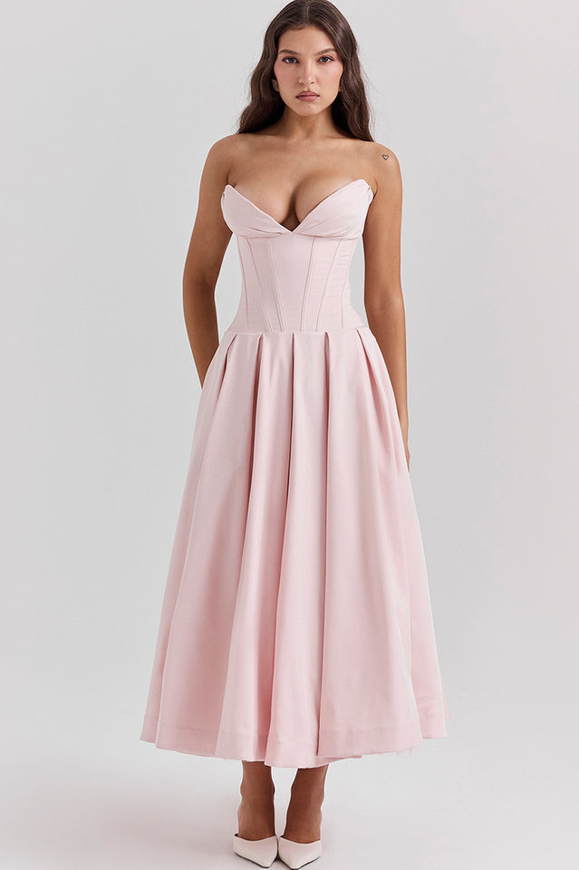Strapless Deep Plunge Corset Boned Pleated A-Line Midi Dress