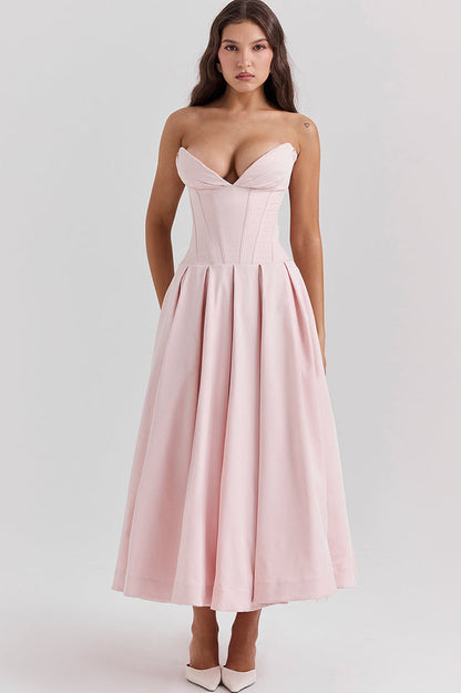 Strapless Deep Plunge Corset Boned Pleated A-Line Midi Dress
