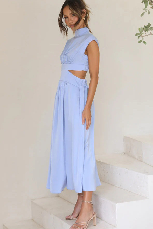 Mock Neck Ruched Bodice Waist Cut Out Flowy Midi Dress