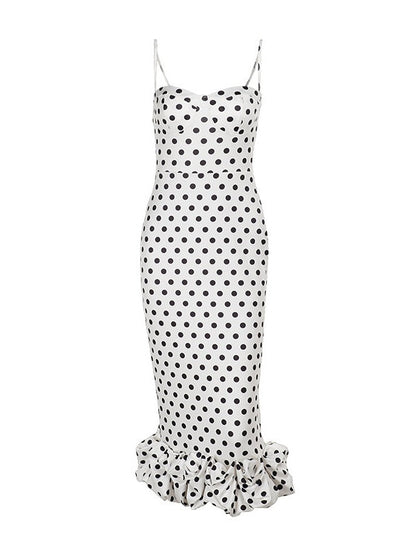 Polka Dot Fitted Ruched Skirt Midi Dress