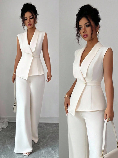 Commuting Sleeveless Suit Collar Vests Straight-leg Pants Set 2-piece Sets