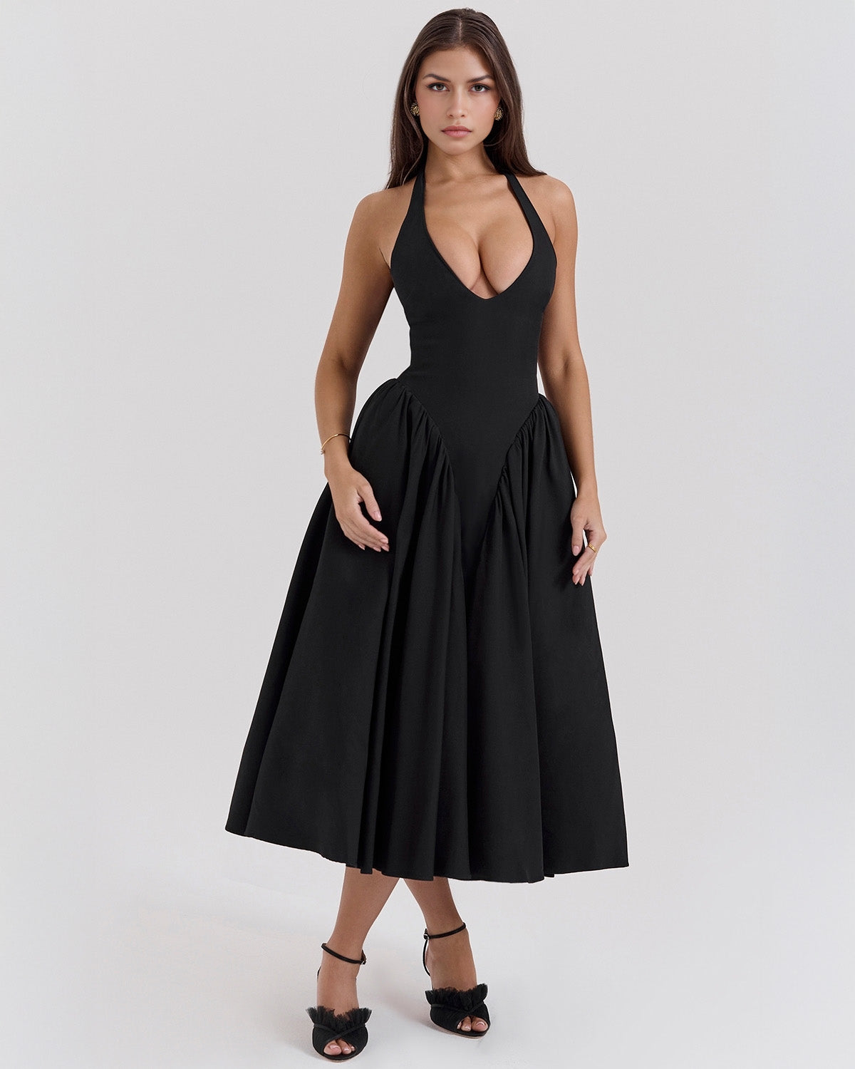 Halter Neck Plunging V Neck Dropped Waist Pleated Full Skirt Midi Dress