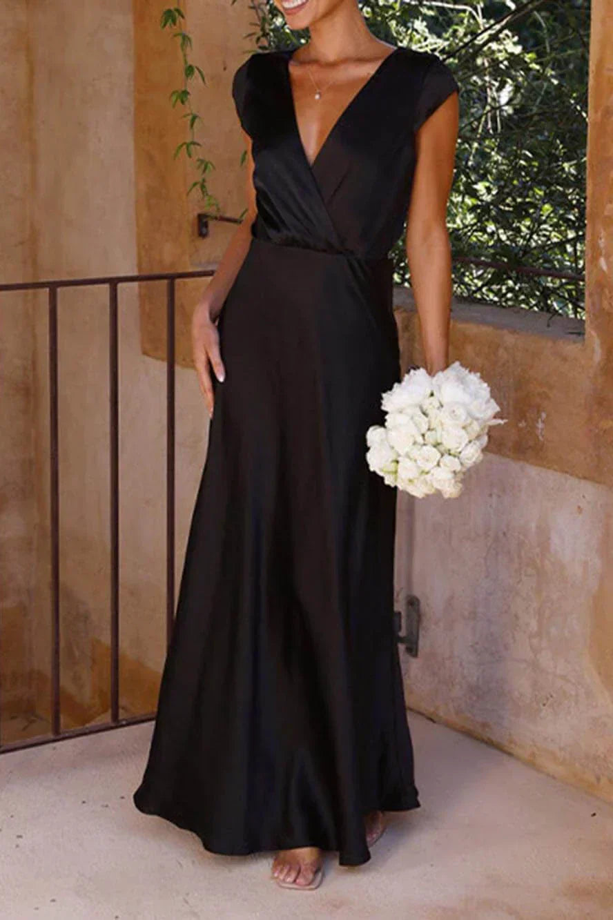 Satin Wrap V-Neck Cap Sleeve Draped Waist Column Maxi Gown