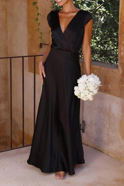 Satin Wrap V-Neck Cap Sleeve Draped Waist Column Maxi Gown