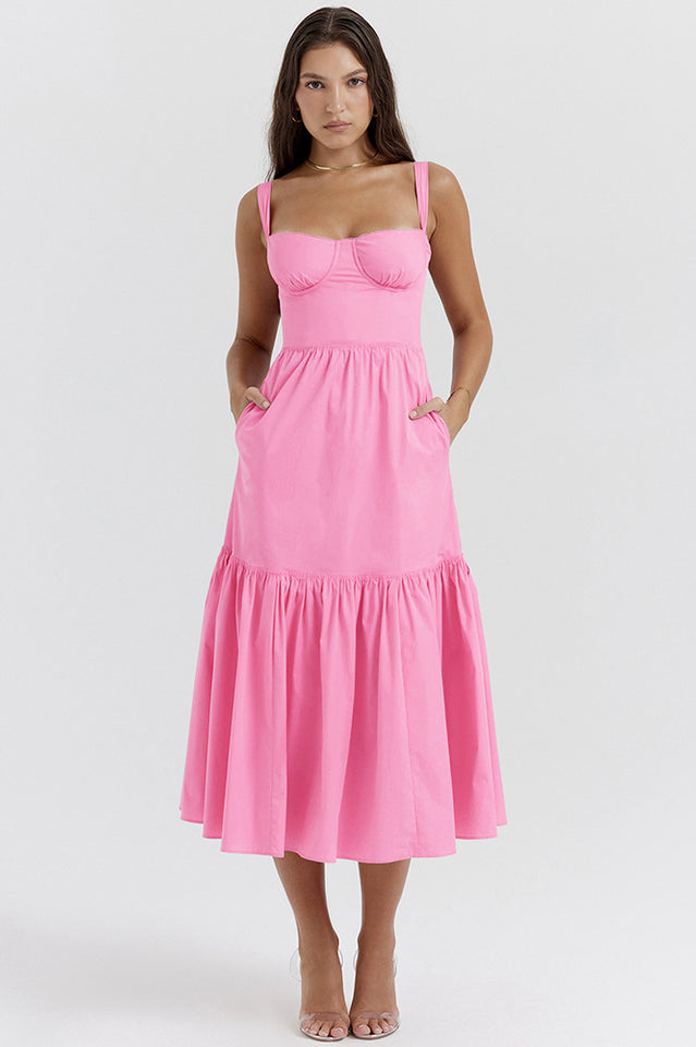 Floral Print Sweetheart Bustier Wide Strap Tiered Ruffle Hem Midi Dress
