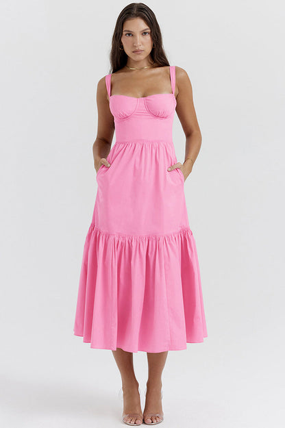 Floral Print Sweetheart Bustier Wide Strap Tiered Ruffle Hem Midi Dress