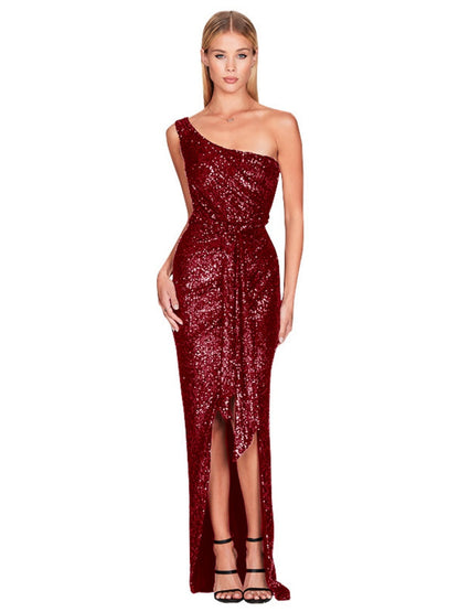 One-shoulder Tie-up Pleated Sweet And Spicy Sequined Dress