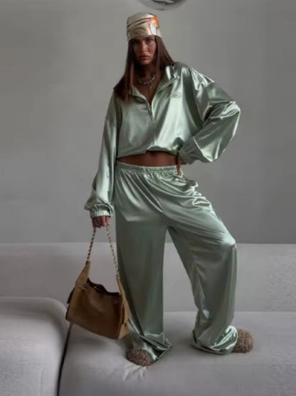 Zippered Loose Sweatshirt Jacket And Wide-Leg Pants Two-Piece Set