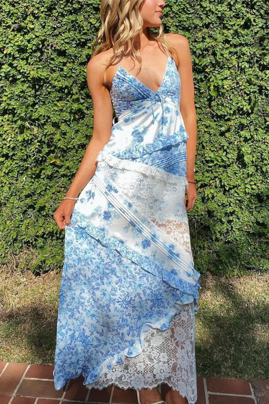 Fashionable Floral Print Lace Patchwork Hollow-out Slim Fit Vacation Ruffle Maxi Dress