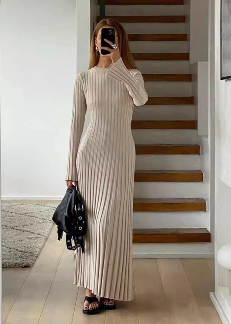 Crew Neck Ribbed Knit Long Sleeve Bodycon Maxi Dress