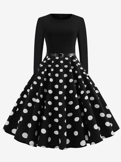 Vintage Polka Dot Swing Dress for Women - 1950s Rockabilly Long Sleeve Belted A-Line Midi Dress - Spring Retro Party 2026
