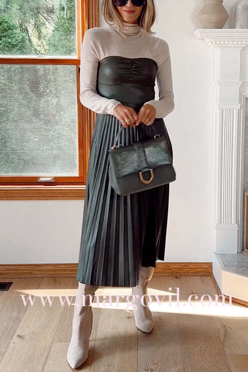 Strapless Pleated Faux Leather Midi Dress(2 Colors Available!)