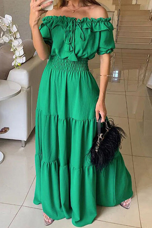 Admit Your Feelings Off Shoulder Smocked Waist Maxi Dress