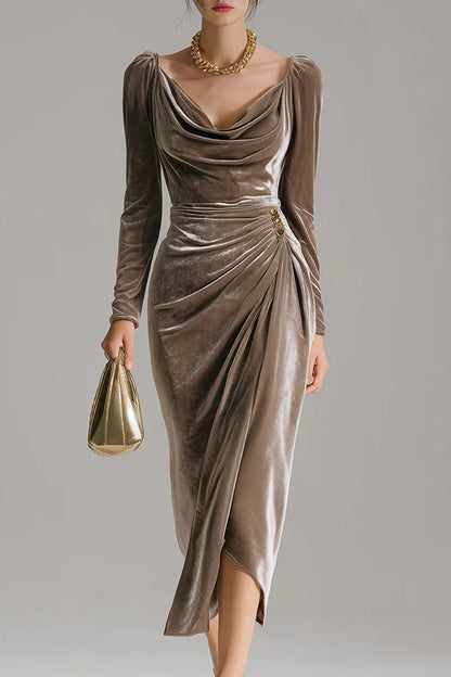 Solid Color Velvet Long-sleeved Slim-fit Pleated Midi Dress