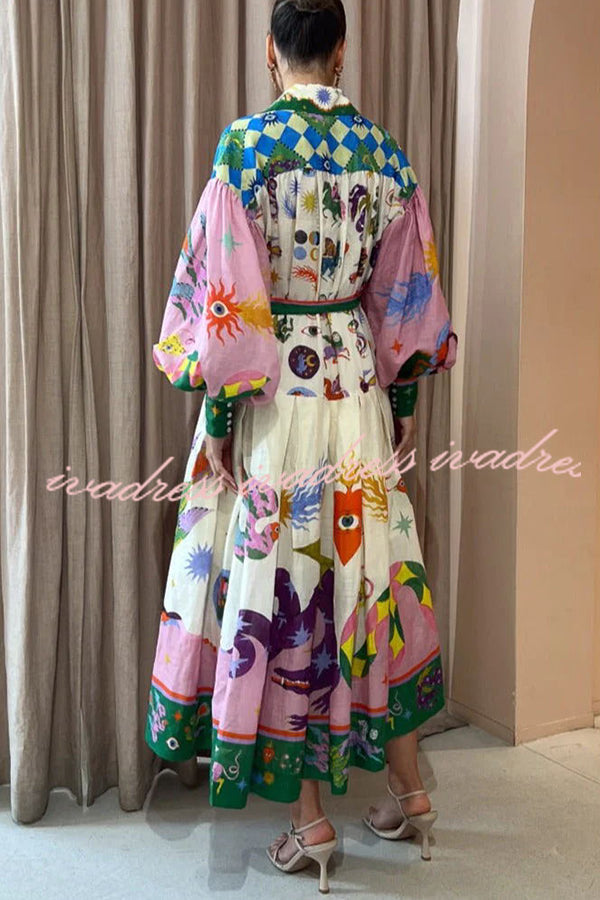 Effortless and Playful Print Balloon Sleeve Shirt Midi Dress