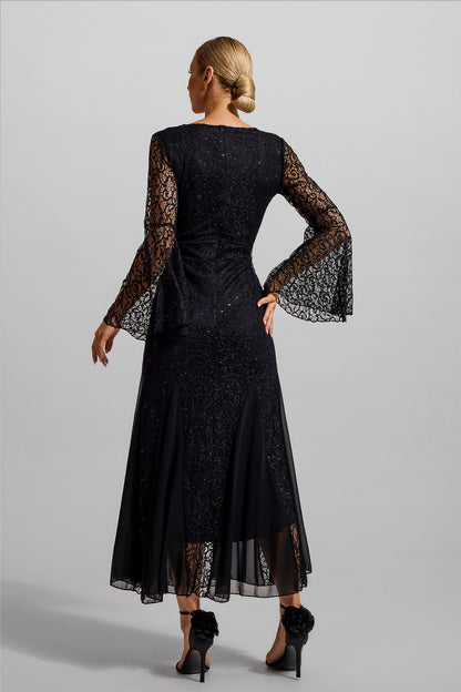 Lace Solid V-Neck Ball Sleeve Midi Dress