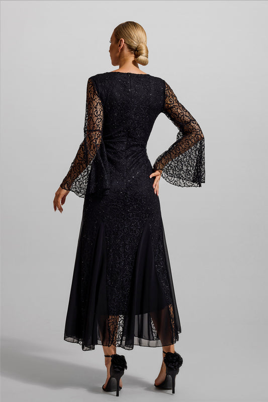 Lace Solid V-Neck Ball Sleeve Midi Dress