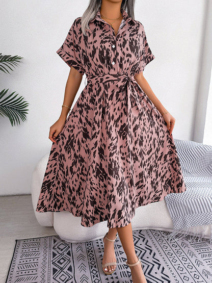 Loose Short Sleeves Leopard Ribbed Lapel Midi Dresses