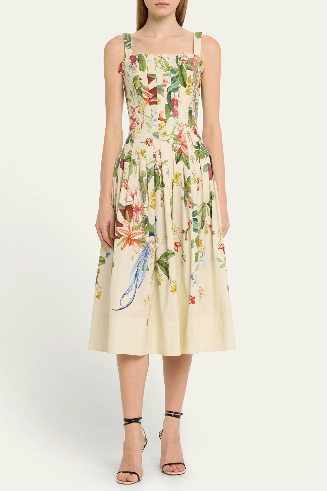 Cotton Floral Pleated Midi Dress