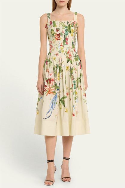 Cotton Floral Pleated Midi Dress