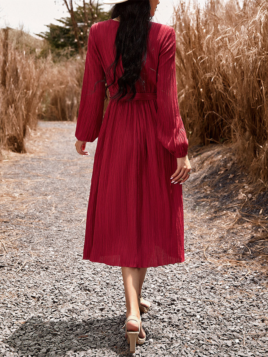 Bohemian Dress V-Neck Lantern Sleeves Belted Midi Dresses
