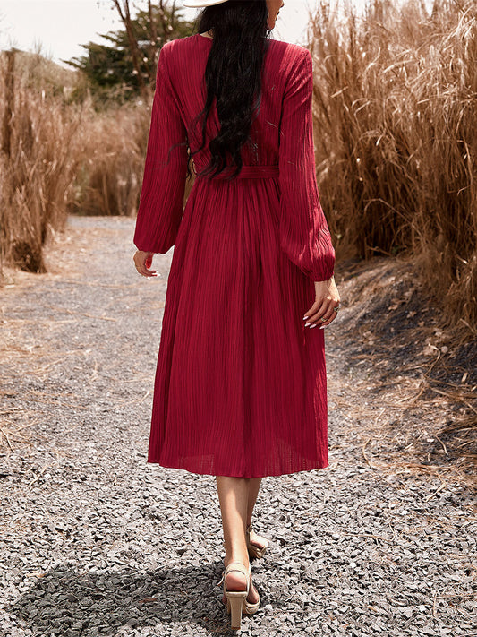 Bohemian Dress V-Neck Lantern Sleeves Belted Midi Dresses