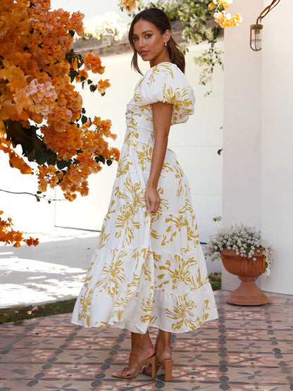 Floral Dress Maxi Dresses Floral Print Short Sleeves Strapless Casual Open Shoulder Strapless Cut Out No Open Seam Long Summer