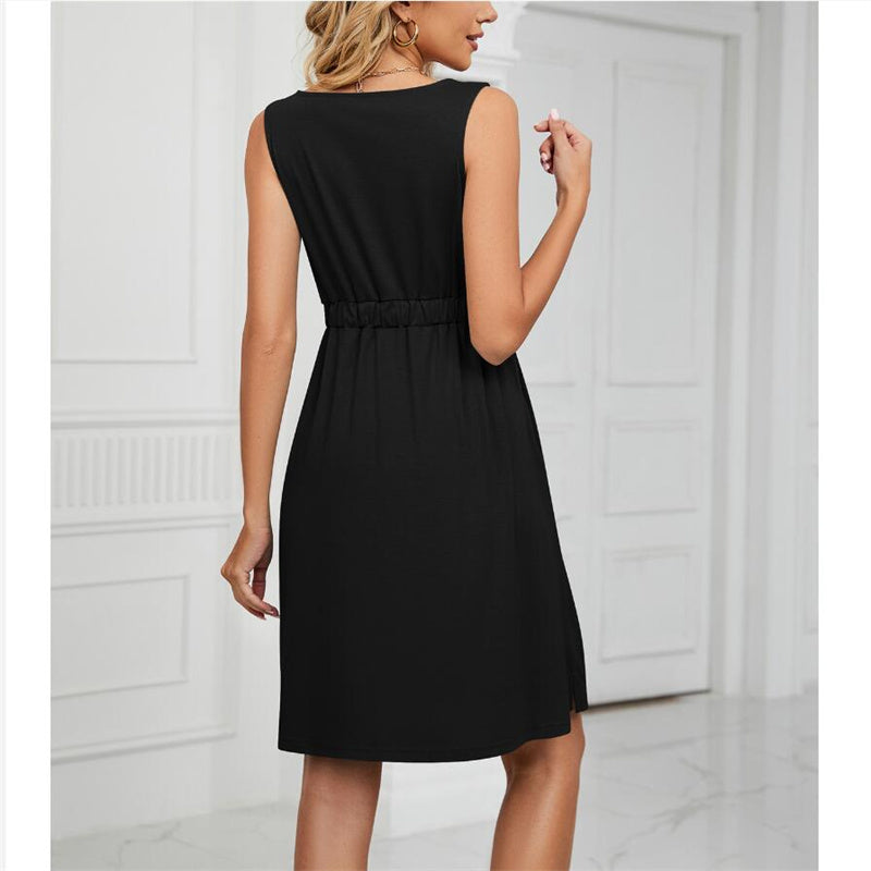 Solid Color Sleeveless Mini Dress with Button Details